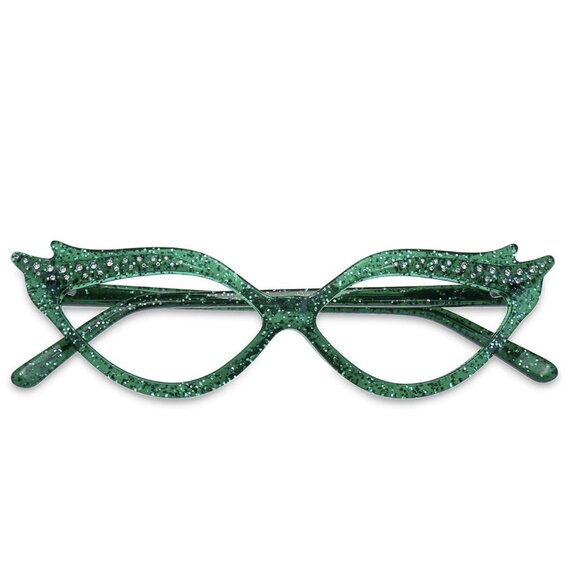 Green sparkle cat eye glasses with rhinestones - Picture 3 of 8